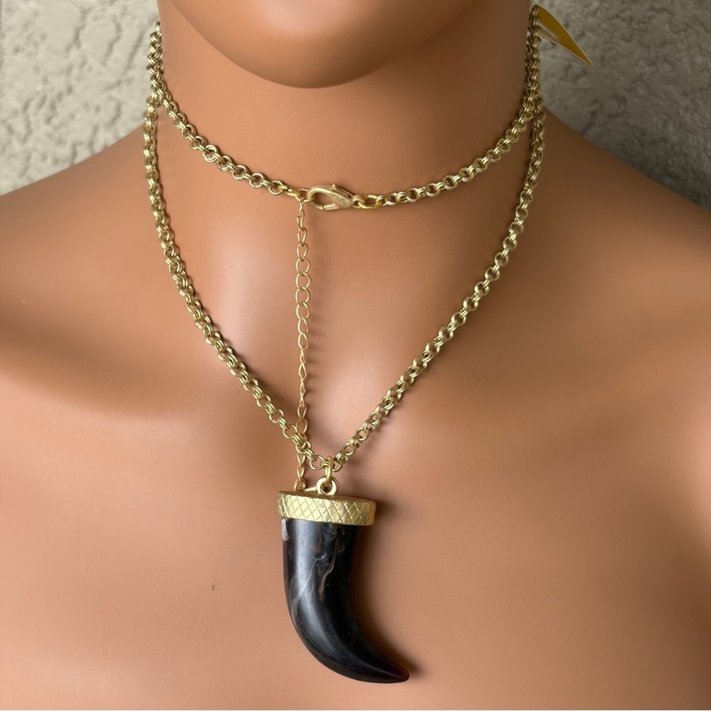 Bold Gold and Marbled Black Horn Pendant Necklace